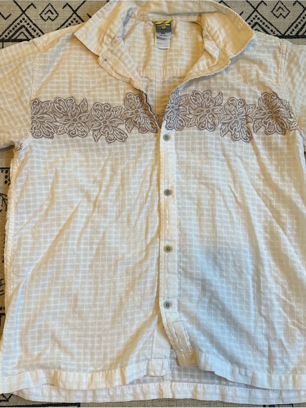 The North Face White Short-Sleeve Button-Down with Taupe Floral Embroidery